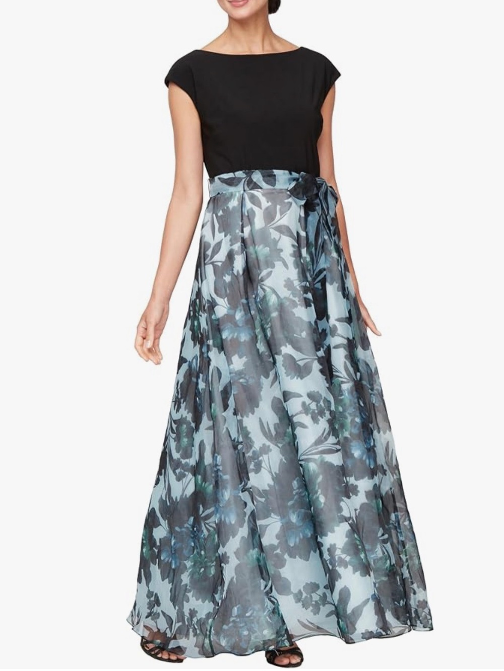 SLNY Black & Teal Floral flowy Evening Gown